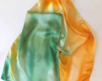 Silk Scarves, Satin, Hand Designed, Yellow, Spring Green, (Summer Breeze)15x60