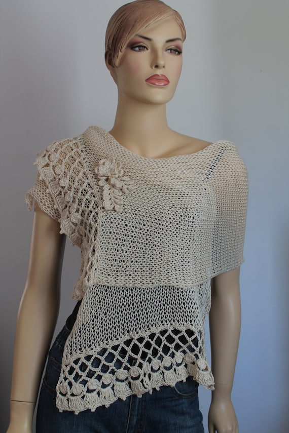 Ivory Nude Knit Crochet Shawl Scarf Cotton Wrap summer knit
