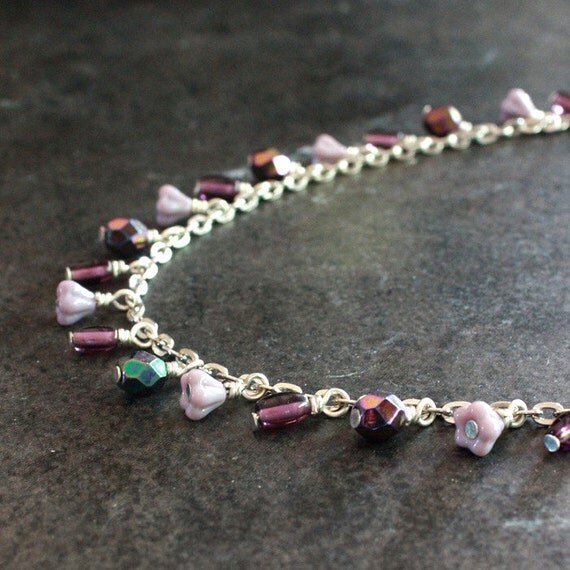 Long Purple Czech Glass Bead Necklace C.165