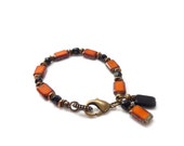 Halloween Bracelet - Orange Black Picasso Czech Glass - Charm Bracelet - Bronze - Bohemian Bracelet