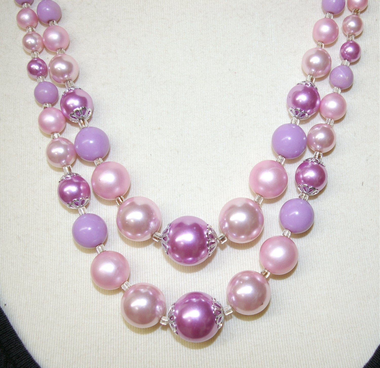 Vintage Lavender and Pink Pearl Necklace Double Strand