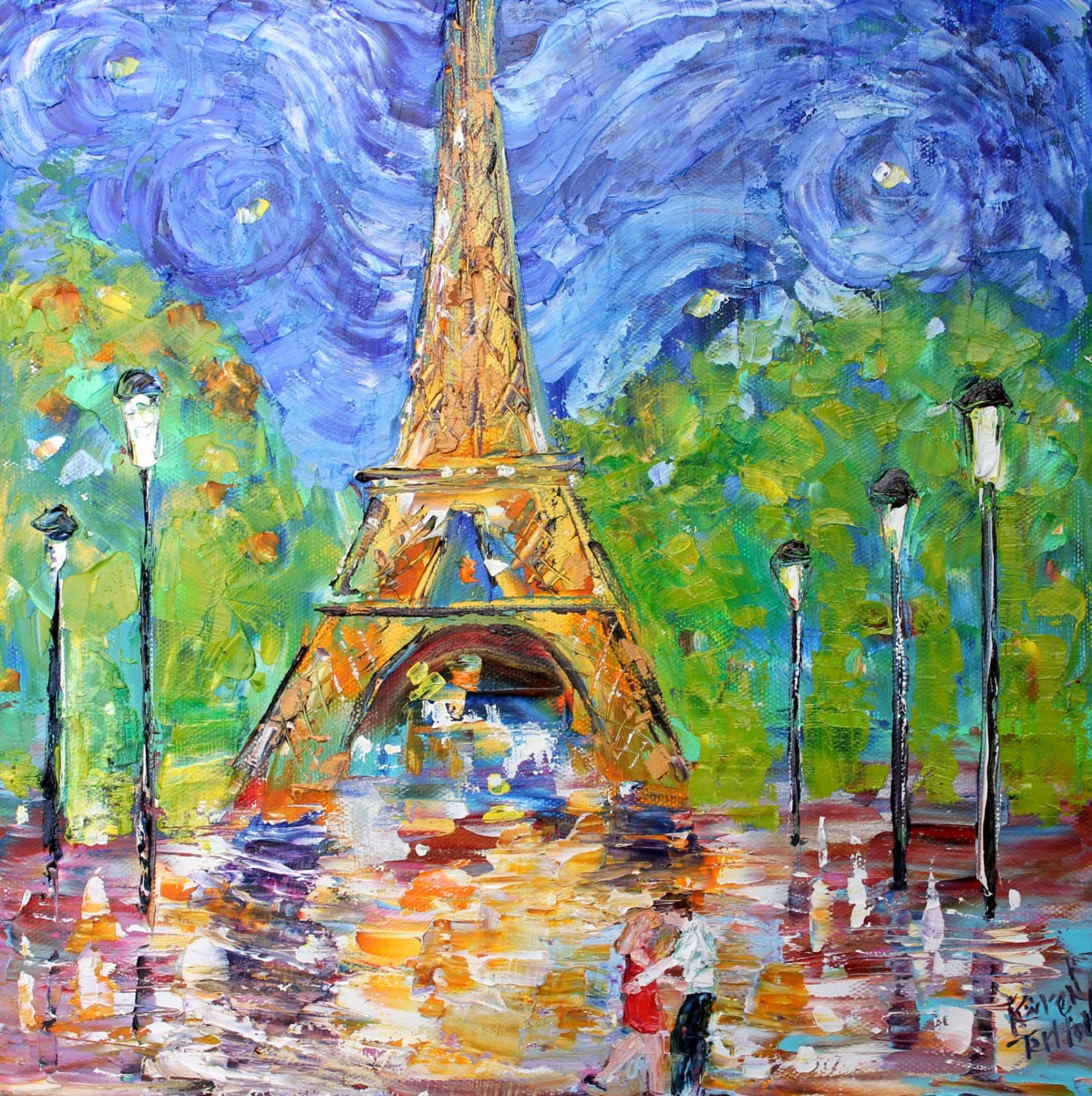 Original Oil Painting Paris Eiffel Tower Abstract On Canvas