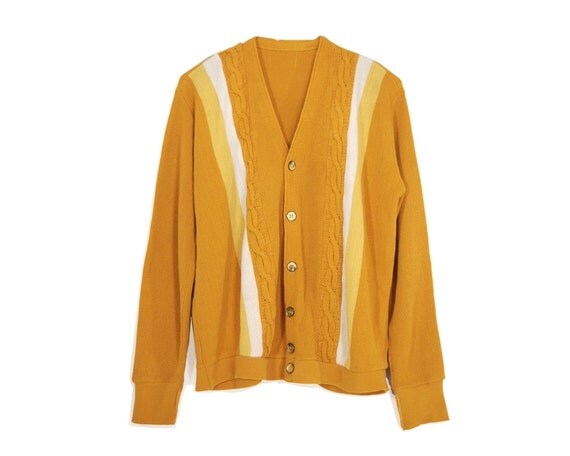 Vintage 50s 60s Mens Yellow Cardigan Vertical Stripe Sweater