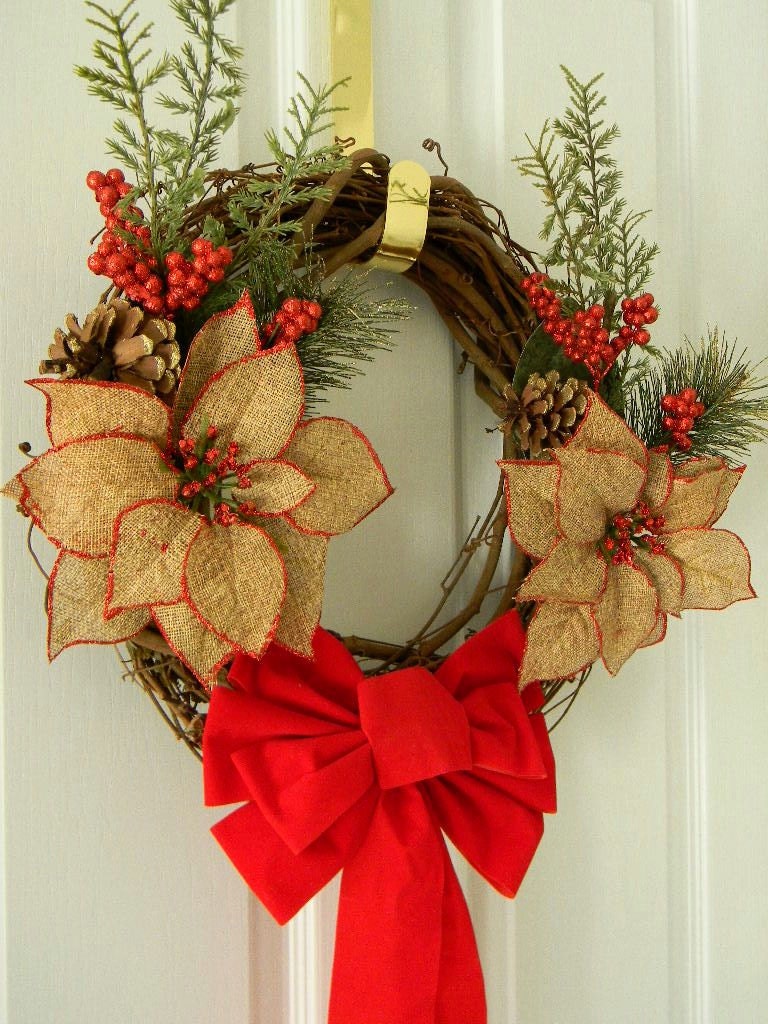Christmas Wreath Rustic Shabby Chic Holidays Grapevine Wreath Burlap Poinsettias Red Bow & Berries