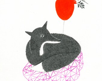 Fox Illustration, Original Pencil Drawing Heart, Geometry, Wall Decoration, Love, Fox Lover Gift, Fuchs Zeichnung, Dessin Renard, Animals