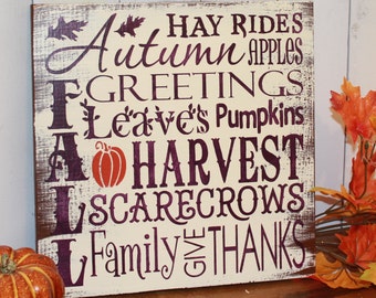 FALL Sign/Subway Style/Autumn/Typography/Fall Decoration/Wood Sign/Hand painted/Wood Sign/Plum/Orange/Holiday Decor