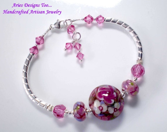 Fucshia & Pink Floral Lampwork Bangle Bracelet ,Floral Lampwork Bangle Bracelet,Sterling Silver Bangle Bracelet