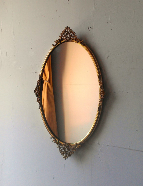 Antique Oval Mirror in Ornate Gold Plated Brass Frame 23 by 14
