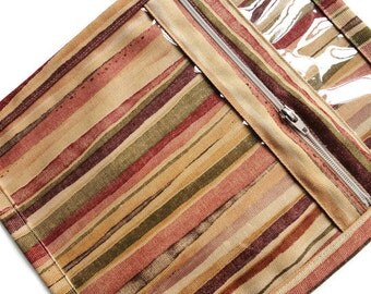 Small Knitting Organizer Cosmetic Bag Jewelry Case Brown Rust Striped Fabric Vinyl Zippered Sac Make Up Storage Accessory Bag