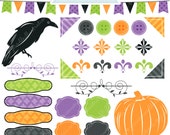 Halloween Elements Digital Clipart for Commercial or Personal Use, Raven Silhouette, Accents, Pumpkin, Black Bird, Halloween Graphics Il_170x135