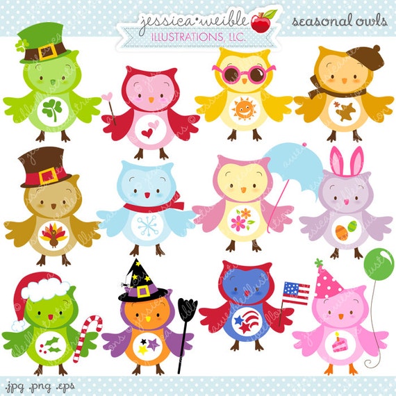 Seasonal Owls Cute Digital Clipart - Commercial Use OK - Holiday Owls, Owl Clipart, Owl Graphics, Cute Owls, Digital Art Il_570xn