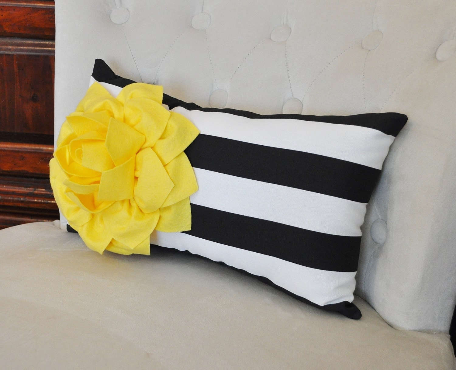 Decorative Lumbar Pillow Yellow Dahlia on Black and White