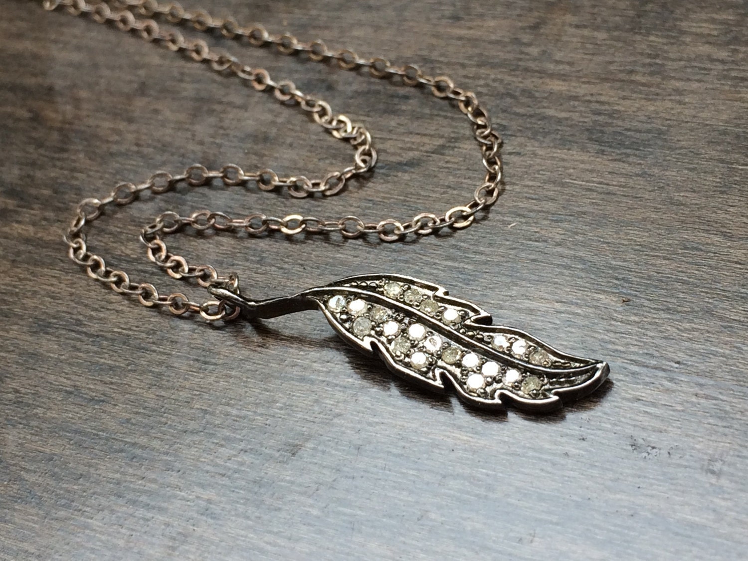 Real Diamond Feather Pendant Necklace. Oxidized Sterling