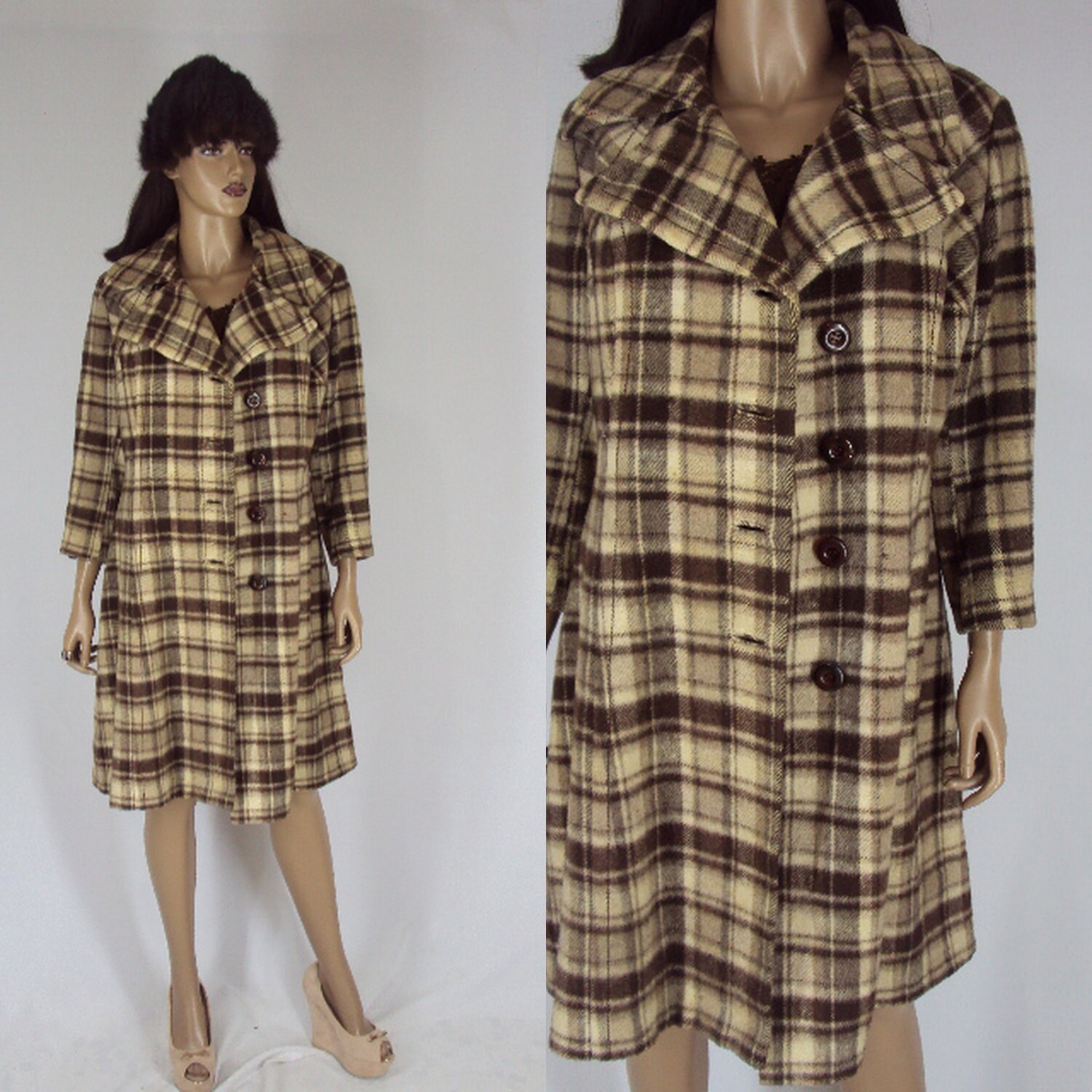 coat wool 1970's Plaid Vintage Coat Brown Plaid Womens
