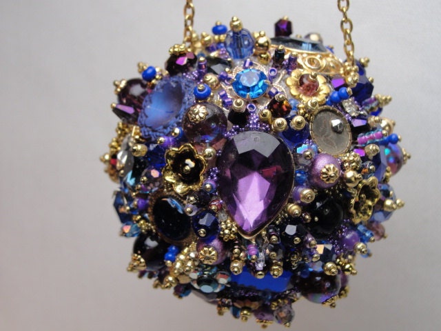 Vintage Rhinestone Bejeweled Ornament Purple Blue and Gold Art Piece HANDMADE