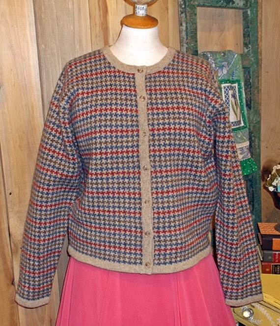 Shetland Wool Cardigan Sweater Paul Harris Houndstooth
