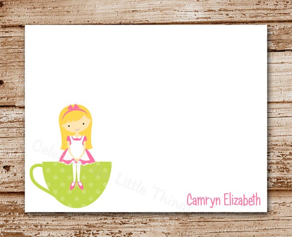 Set of 8 Tea Party Note Cards, Notecards for Girls | Personalized Stationery | Birthday Thank You | Teacup, Par-Tea Il_570xn