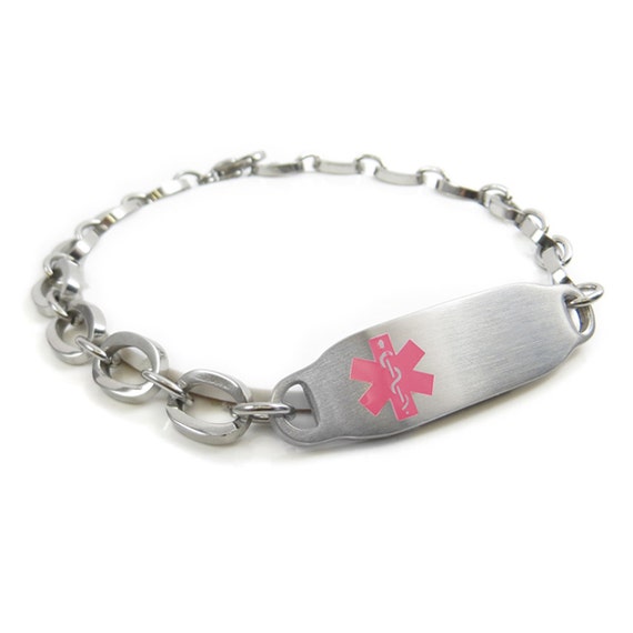 Womens Medical Alert Bracelet Engraved Oval Links Pink