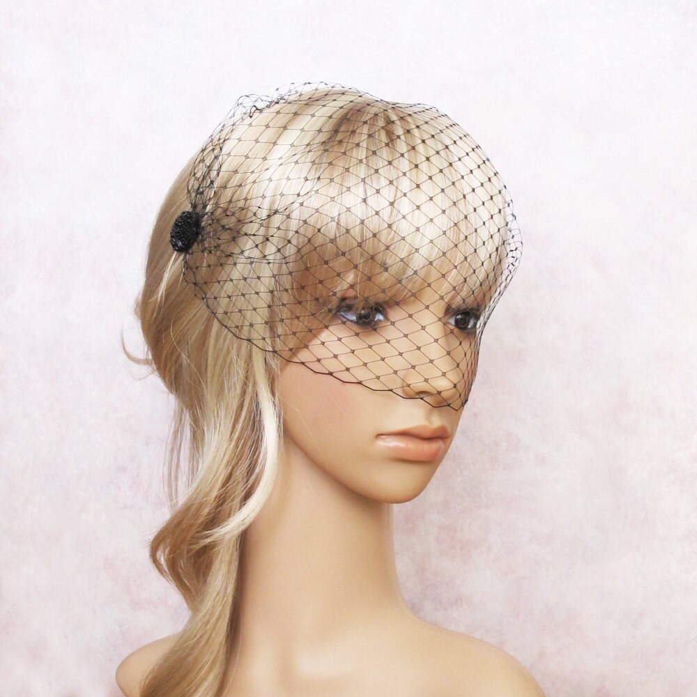 Black Birdcage Veil French Net ends with two black round