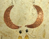 Copper Crescent Moon "Starry Night"  Earrings with  Beautiful Citrine Drops and Sterling Silver Ear Wires
