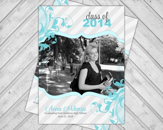 2014 Graduation Announcements, College Grad, High School Senior Graduate Photo Card, turquoise and Gray, Modern Stripes, Printable (1303) Il_570xn