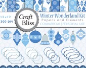 50% Off Sale Winter Wonderland Clipart Commercial Clip Art Paper Pack Blue Silver Glitter Frames Borders Christmas Digital Scrapbook Kit Il_170x135