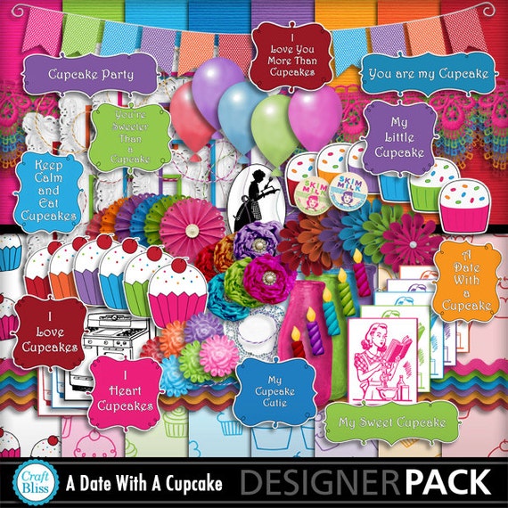 Sale! Digital Scrapbook Kit A Date With A Cupcake Digital Papers Cupcake Paper Birthday Scrapbook Kit Party Invitation Baker Clipart Wordart Il_570xn