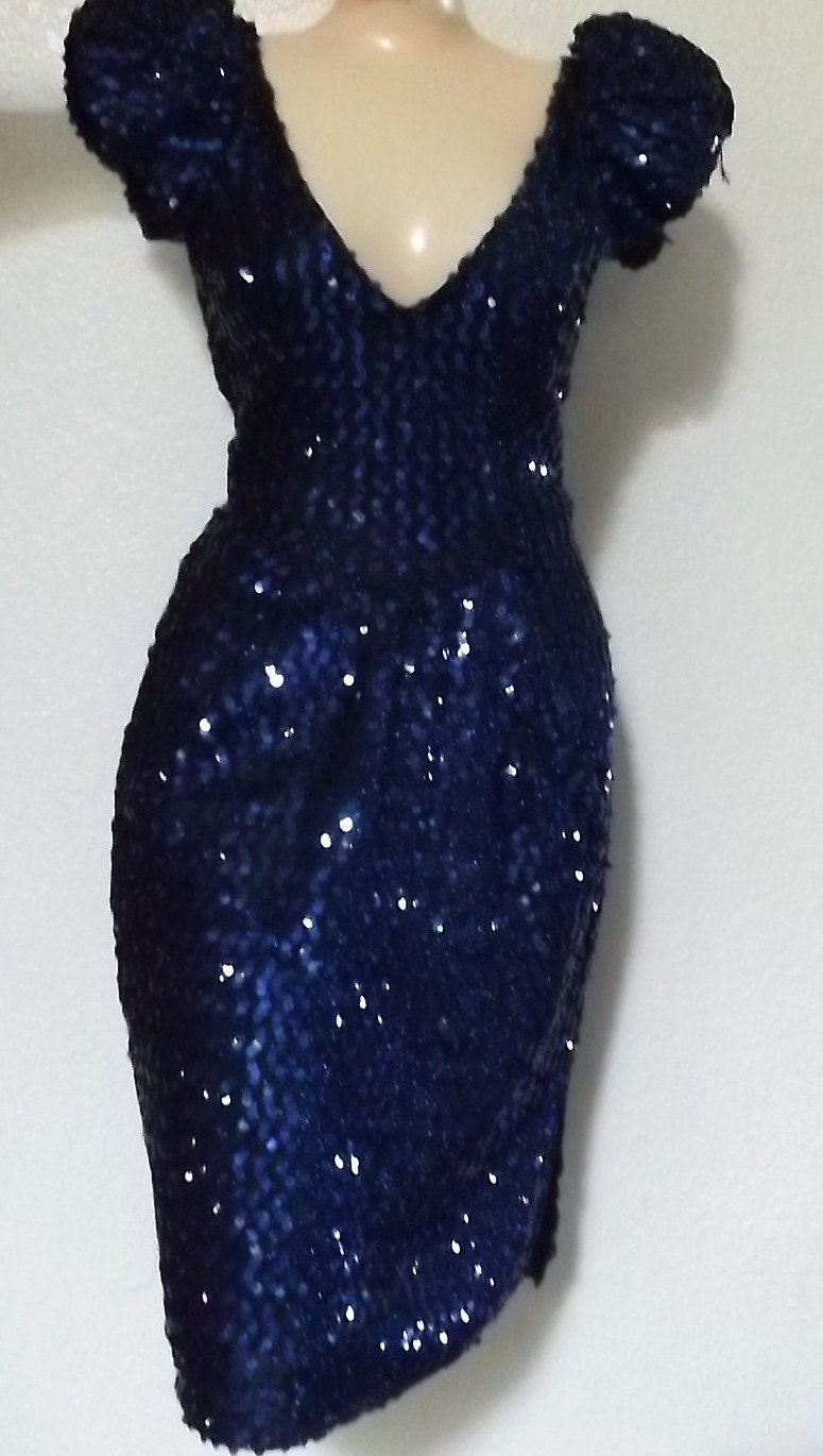 Vintage Midnight Blue Sequined Gown Super by PassionFlowerVintage