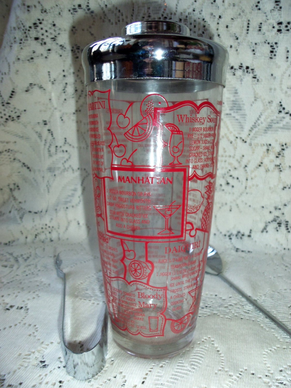 VIntage 1950s GLass Cocktail MIxer with Drink Recipes By