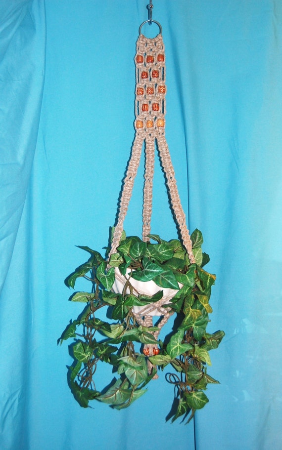 Short Hemp Macrame Plant Hanger with Batik by