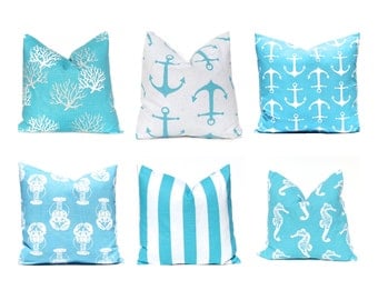 Turquoise Pillow Covers, Nautical Pillows, Nautical Decor, Decorative Throw Pillow Cover, Beach Decor 16 x 16 Aqua WhiteTurquoise Pillows