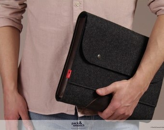 laptop case, macbook case 15 inch, wool felt, leather Corriedale SIZE L CO-L-ADB