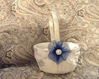 flower girl basket wedding white or ivory with snowflakes sash custom made