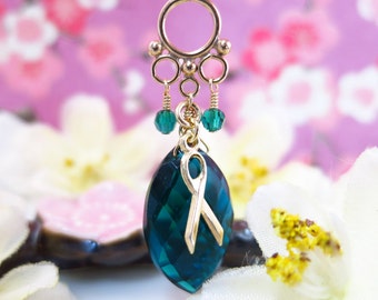 Cervical cancer teal blue quartz marquis gold necklace, teal quartz cervical cancer survivor gold filled necklace