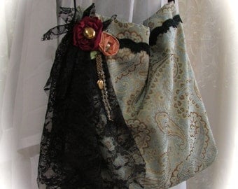 Handmade Fabric Bag, silk paisley fabric, black lace embellished, fabric rose flowers, slouchy boho purse, unique bag, ooak bag