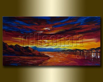 Seascape Painting Oil on Canvas Textured Palette Knife Abstract Modern Original Art 15X30 by Willson Lau