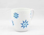 Hand Painted Ceramic Mug Winter tea cup white blue snowflakes  white minimalist  kitchen decor Decorative Art