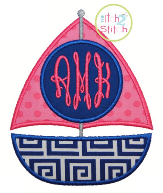 Sailboat Monogram Applique Design For Machine Embroidery ("Fancy Oval 