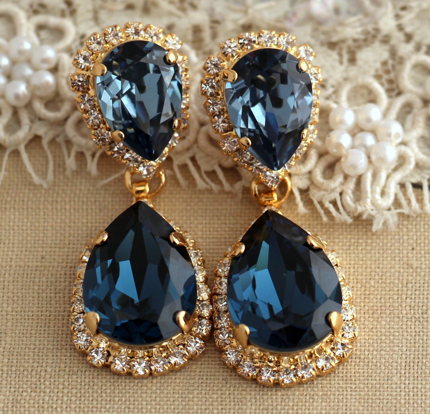 Blue Navy Chandelier earrings Blue Navy Swarovski earrings
