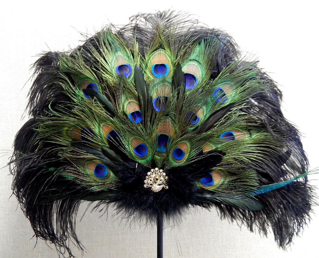 Victorian Peacock Black Ostrich Feather Fan Wedding Bridal