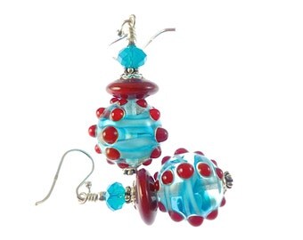 Red Lampwork Earrings, Glass Bead Earrings, Beadwork Earrings, Dangle Earrings, Lampwork Jewelry, Turquoise Blue Earrings, Beaded Earrings