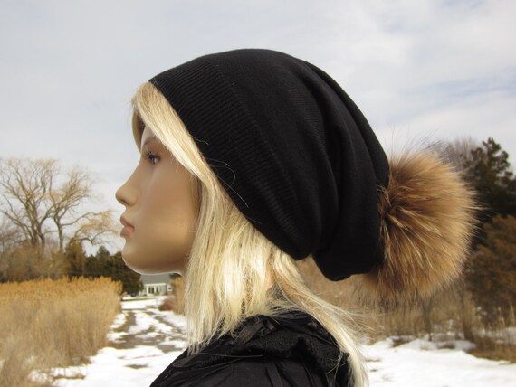 Hat pom Pom hat Fur Black with  pom Slouchy Tam  cashmere Bobble Pom Beanie fur  Cashmere beanie Beanies