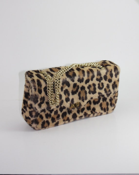 Vintage Faux Leopard Print Purse Handbag Gold Chain Handle