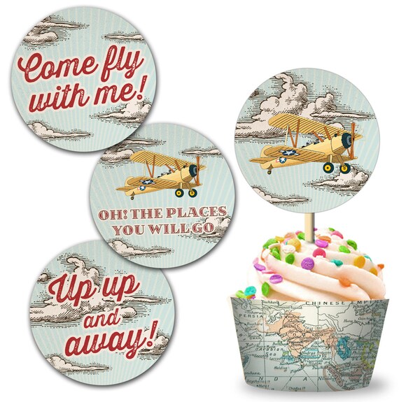 Vintage Retro Airplane Cupcake Topper and Cupcake Wrap - Instant Download Il_570xn