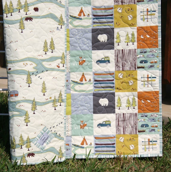 Organic Baby Quilt, Camp Sur Camping Outdoors Hiking Canoeing, Unisex Boy Girl Blanket, Bears Fox Fish, Modern Forest Woodland MADE TO ORDER