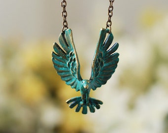 Graduation Gift for her, Soaring Bird Necklace, Hawk Eagle Necklace, Teal Blue Verdigris Patina Bird Necklace, Bird Jewelry