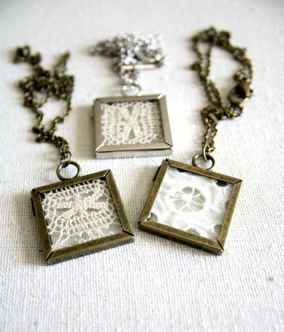 Lace Shadow Box Necklace Vintage Lace Charm by SevenFinches