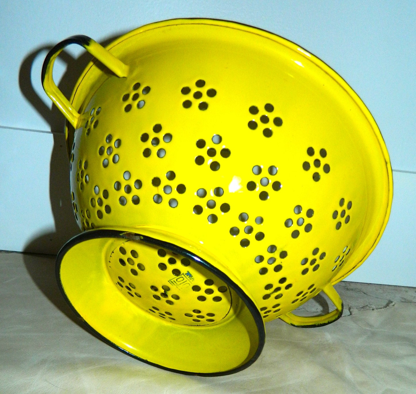 Vintage Enamel Colander Yellow Strainer Bowl 1970s By Objectretro