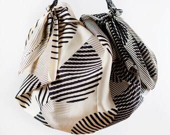 Dots furoshiki bag (black) & black leather carry strap set