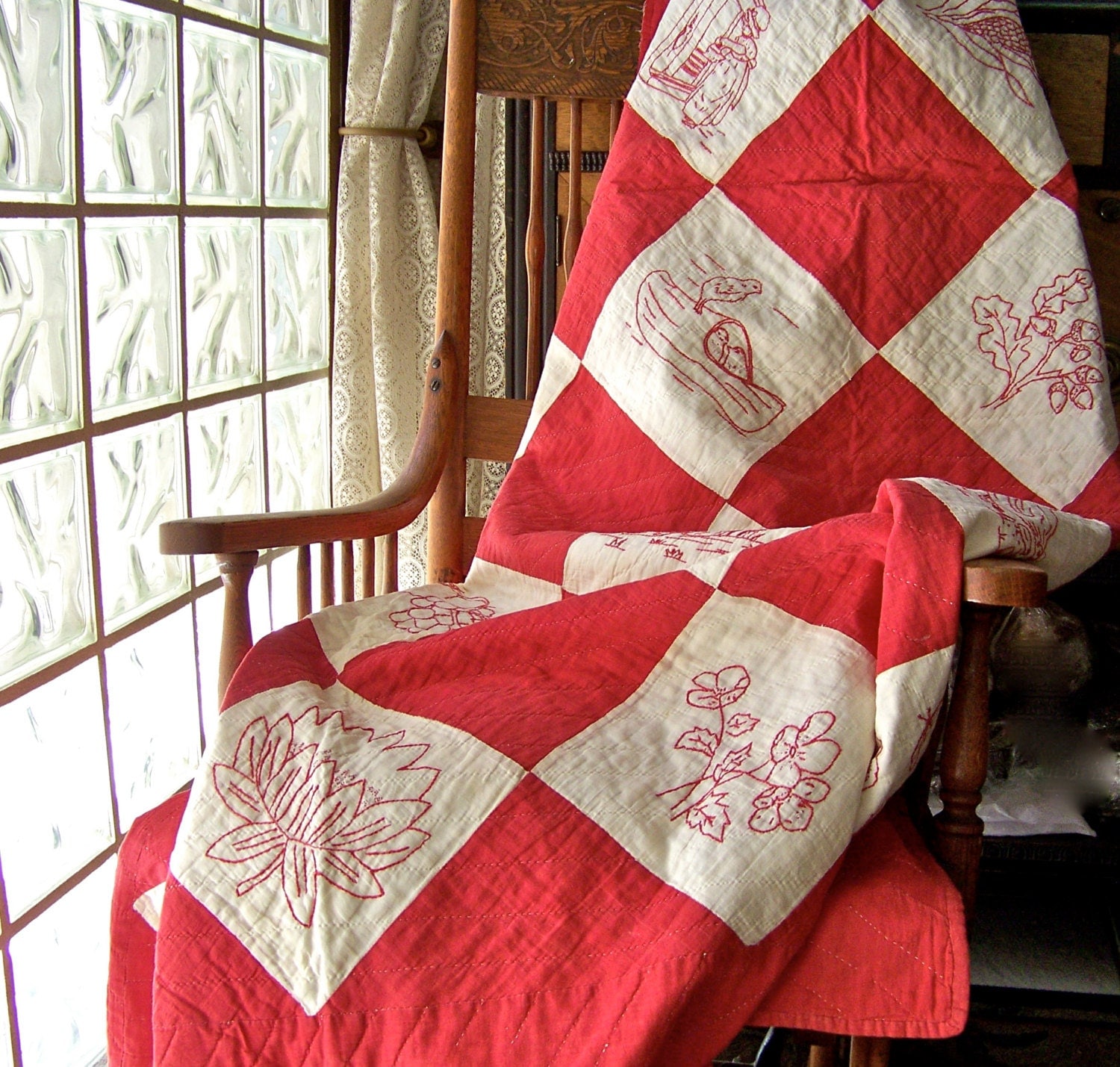 Antique Quilt Red and White Embroidered Quilted by cynthiasattic